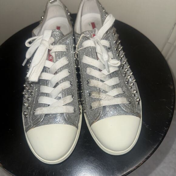 Prada Silver Glitter Studded Low Top Sneakers EU 40 - Picture 9 of 16
